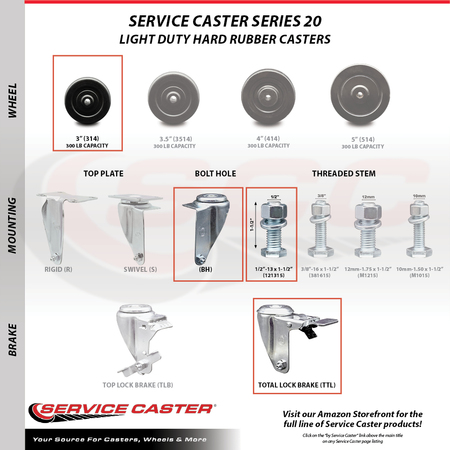 Service Caster 3 Inch Hard Rubber Swivel ½ Inch Threaded Stem Caster Total Lock Brakes, 2PK SCC-TSTTL20S314-HRS-121315-2-S-2